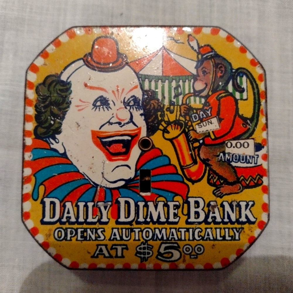 VINTAGE CIRCUS CLOWN  METAL  DIME BANK